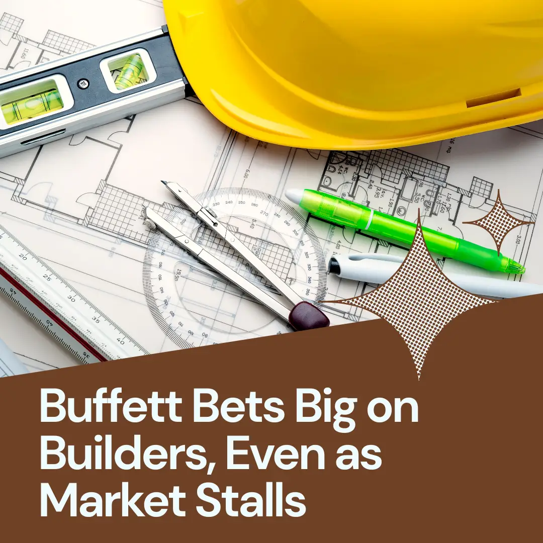 Yellow hard hat and construction tools on top of home blueprints, symbolizing Warren Buffett’s investment in homebuilders.