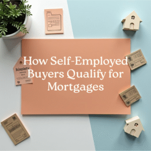 Flat lay with house icons, plant, and mortgage paperwork, representing self-employed buyers qualifying for mortgages using bank statements.