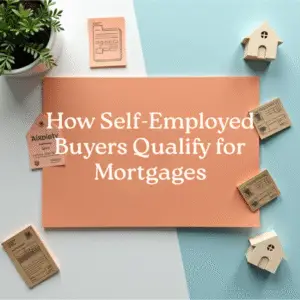 Flat lay with house icons, plant, and mortgage paperwork, representing self-employed buyers qualifying for mortgages using bank statements.