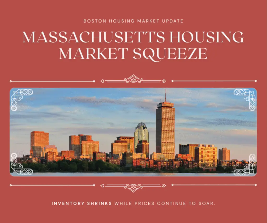 Massachusetts Housing Market Defies National Trends: Shrinking Inventory, Rising Prices 1 Boston city skyline at sunset representing the Massachusetts housing market squeeze with shrinking inventory and rising prices.