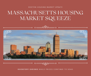 Boston city skyline at sunset representing the Massachusetts housing market squeeze with shrinking inventory and rising prices.