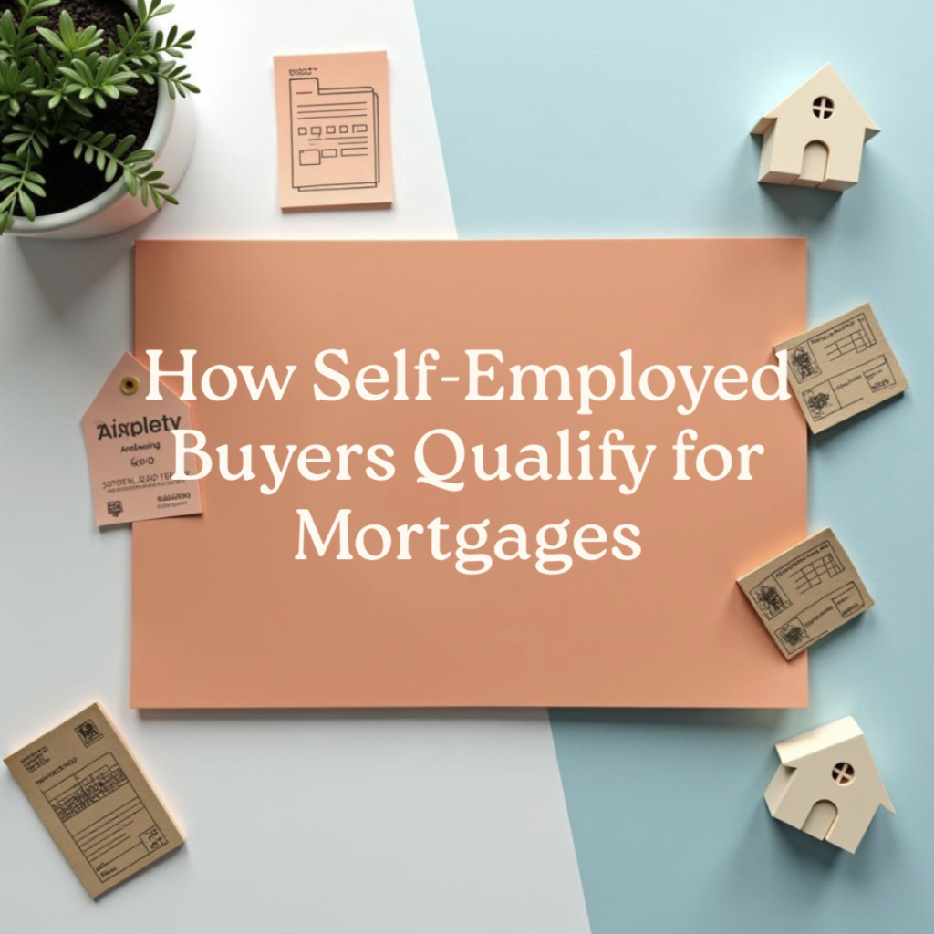 Flat lay with house icons, plant, and mortgage paperwork, representing self-employed buyers qualifying for mortgages using bank statements.