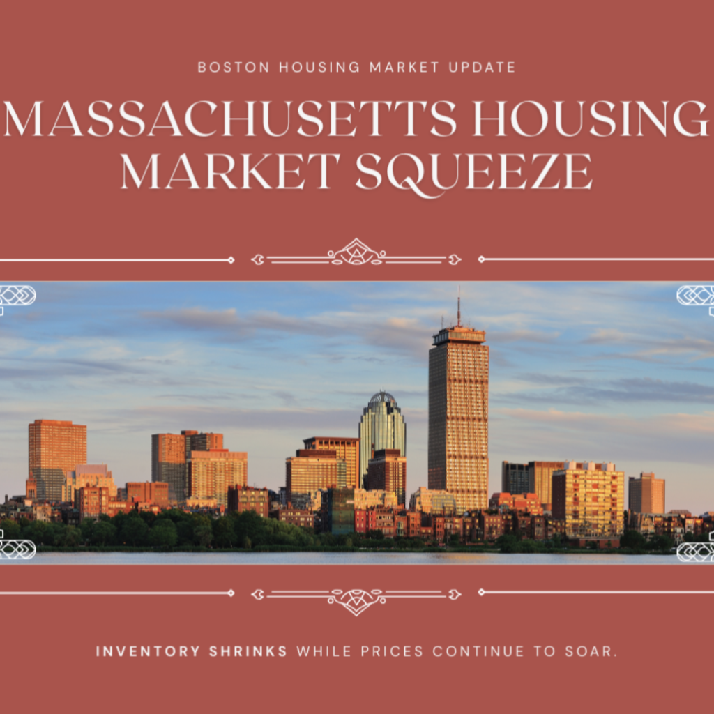 Boston city skyline at sunset representing the Massachusetts housing market squeeze with shrinking inventory and rising prices.