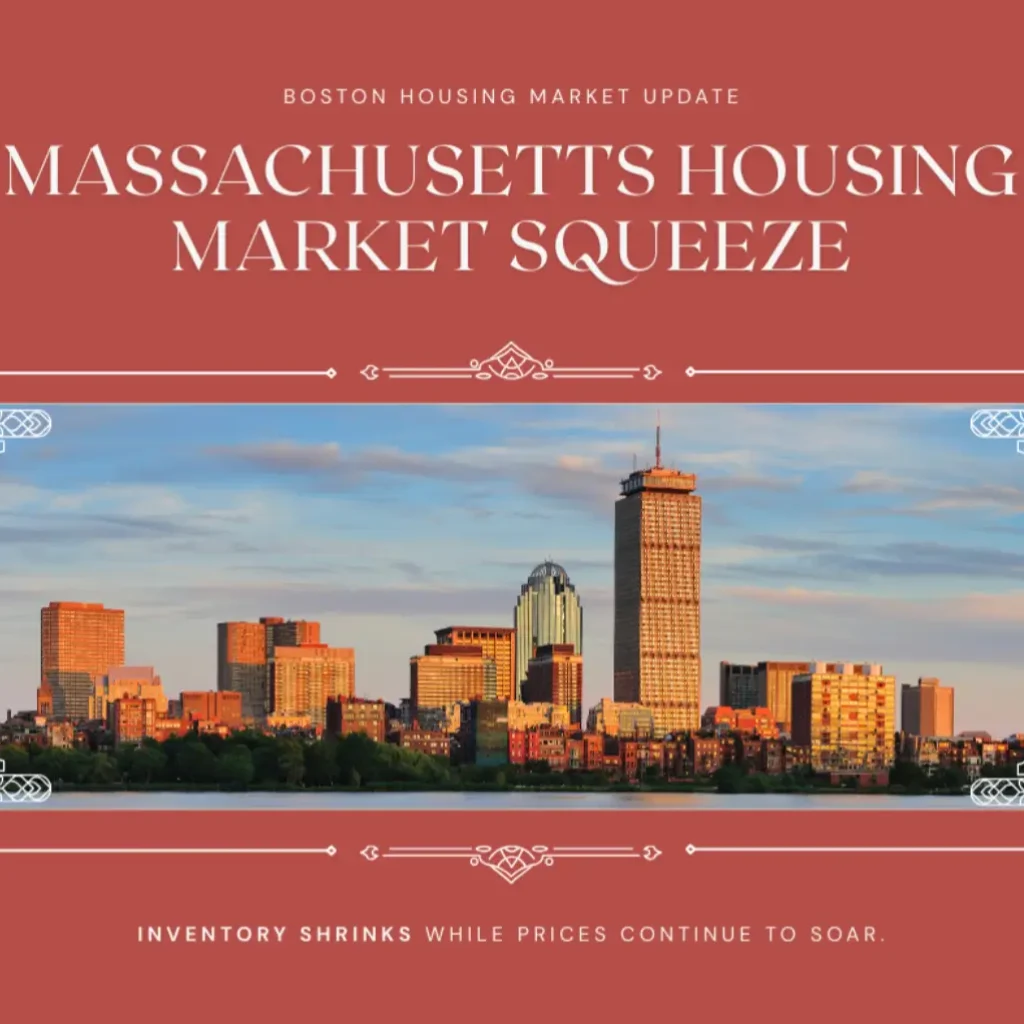 Boston city skyline at sunset representing the Massachusetts housing market squeeze with shrinking inventory and rising prices.